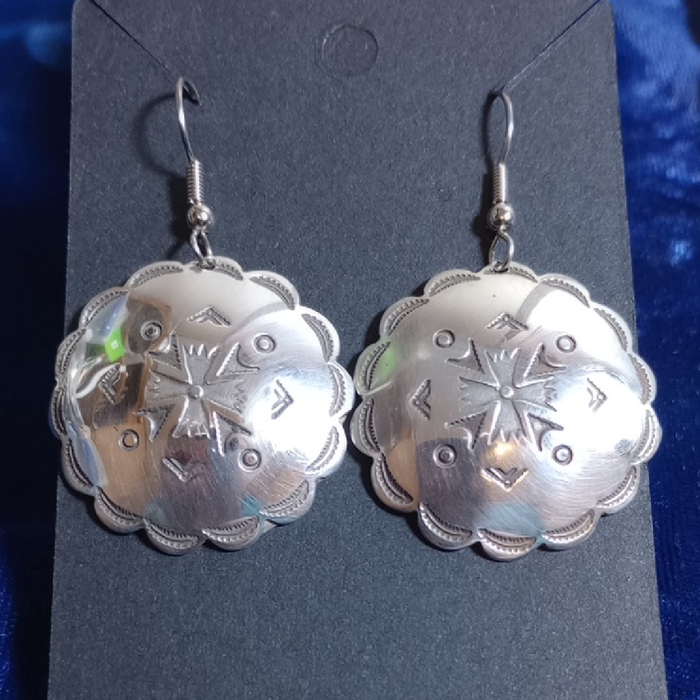 Vintage Sterling Silver Tribal Design Concho Dangle Earrings